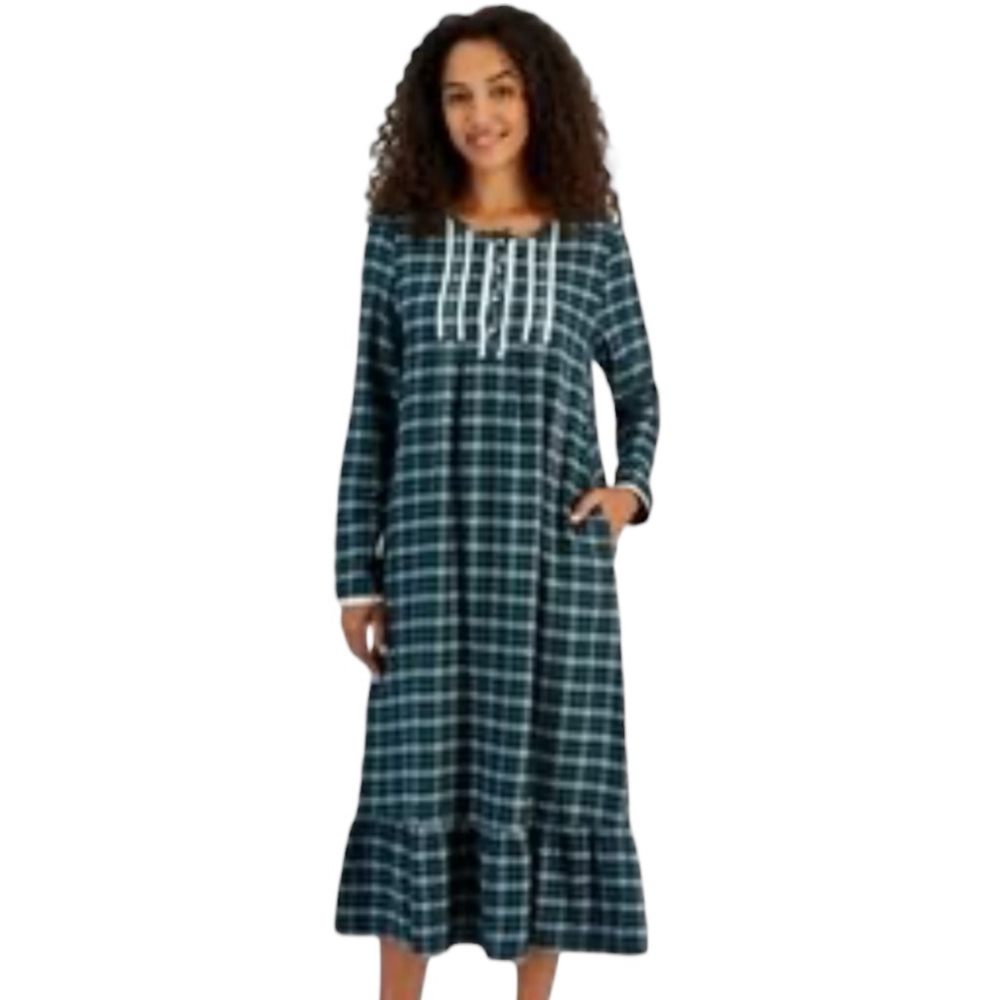 Charter Club Green Plaid Flannel Night Gown, M, Lace Trim